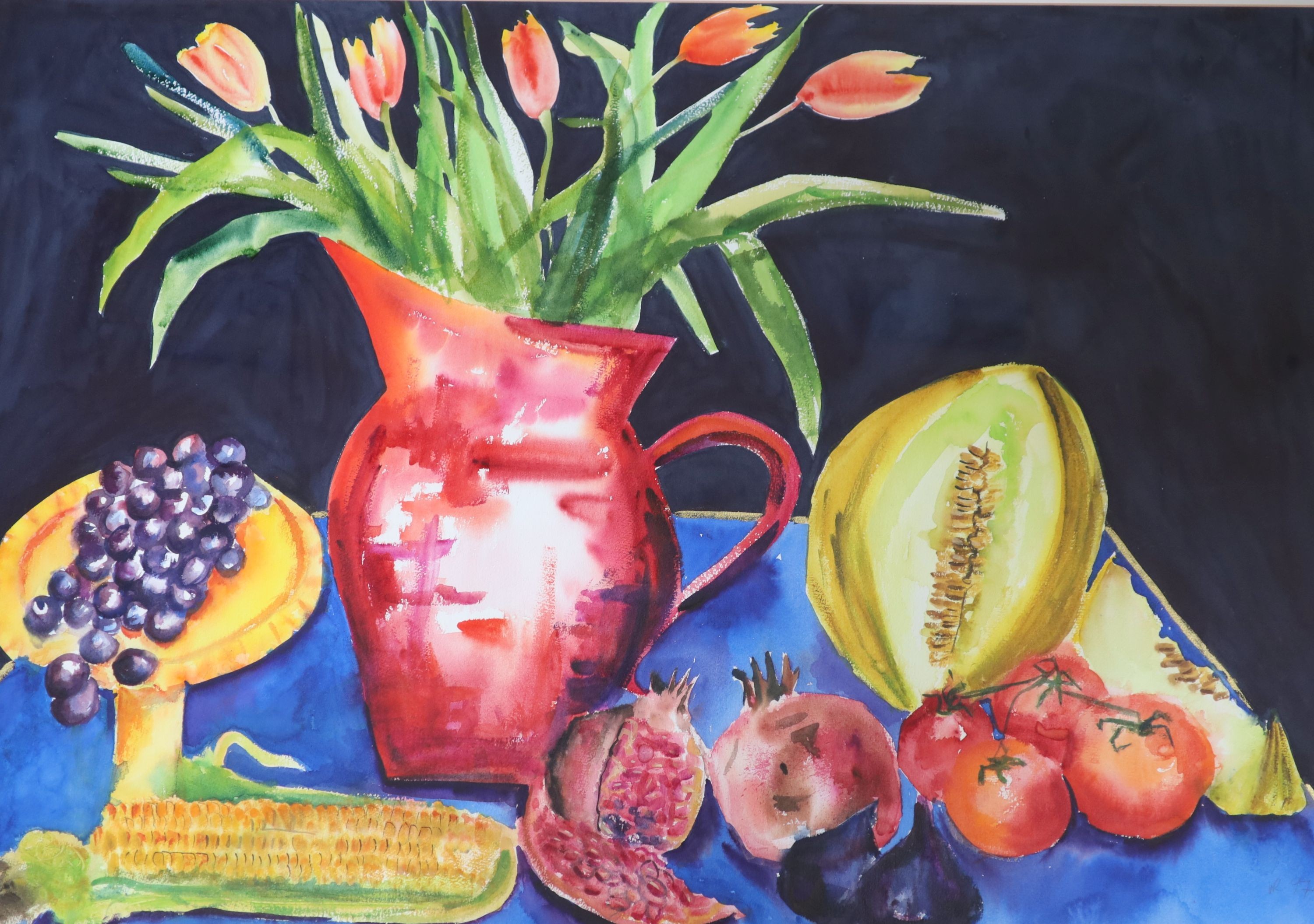 Hilary Rosen, watercolour, Still life with red vase and orange tulips, Boundary Gallery label verso, 76 x 109cm